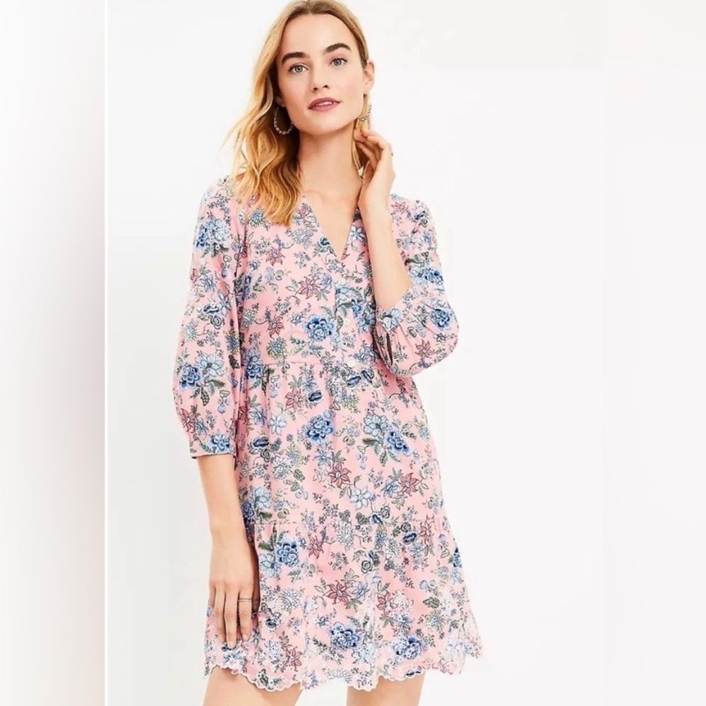 Loft Pink Floral Dress with embroidered hem.